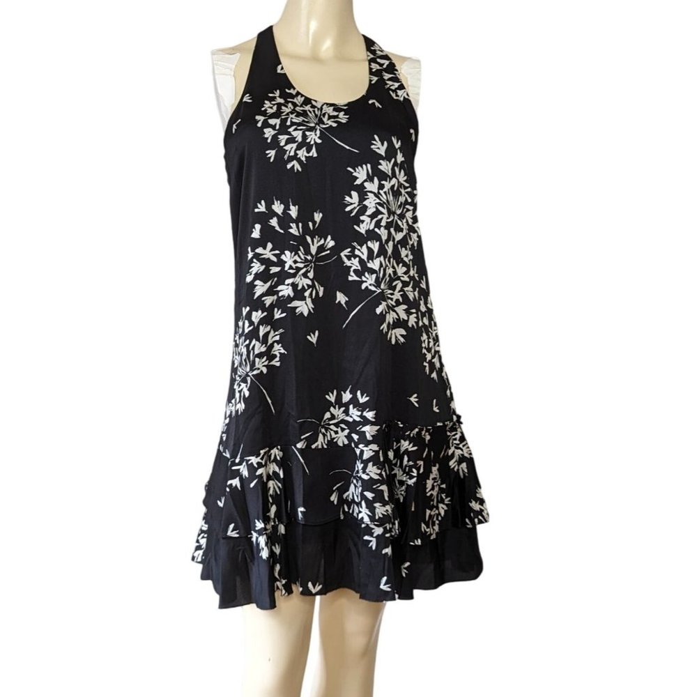 Banana Republic sleeveless razor back black white floral ruffle hem dress size 4